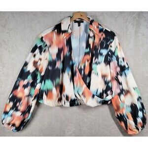 ELOQUII Blouse Top Plus Size 18 Front Wrap Colorful Cropped Abstract Long Sleeve